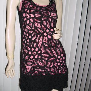 Betsey Johnson,black crochet lace over baby pink,pleated hem,Brand New,Unique